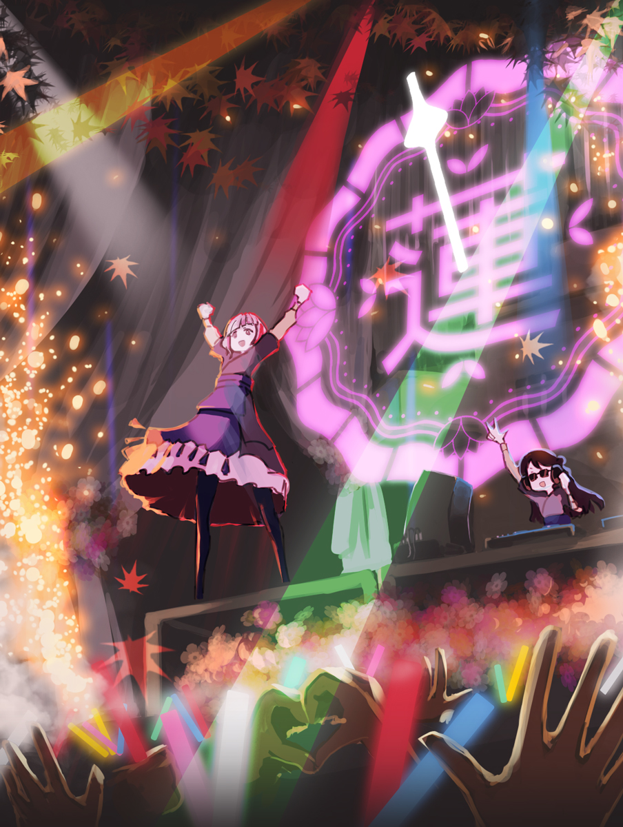 2girls arms_up audience black_headphones black_pantyhose brown_hair clenched_hands colored_lights commentary_request dj dress excited glowstick grey_hair hand_on_headphones heart heart_hands highres laorenxing link!_like!_love_live! logo long_hair long_sleeves love_live! multicolored_hair multiple_girls pantyhose penlight_(glowstick) purple_dress red_eyes redhead short_hair sparks stage streaked_hair take_it_over_(love_live!) w waving wide_shot yugiri_tsuzuri