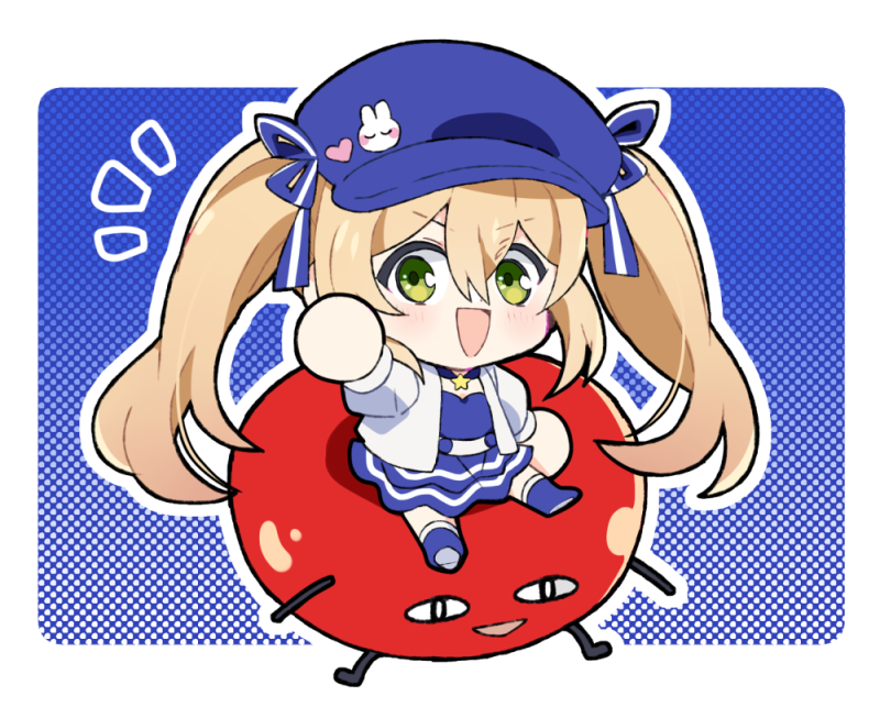 :d blonde_hair blue_background blue_dress blue_footwear blue_hat chibi dokibird_(vtuber) dokibird_(vtuber)_(tomato) dress green_eyes indie_virtual_youtuber jacket jewelry long_hair looking_at_viewer n4391 necklace open_clothes open_jacket sitting smile star_(symbol) twintails virtual_youtuber white_background white_jacket
