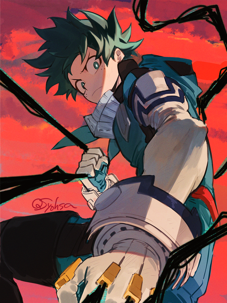1boy artist_name black_whip_(boku_no_hero_academia) blue_bodysuit blue_gloves bodysuit boku_no_hero_academia bright_pupils clenched_hand closed_mouth clouds commentary_request evening film_grain foreshortening freckles from_side frown furrowed_brow gloves green_eyes green_hair looking_at_viewer looking_down looking_to_the_side male_focus mask mask_around_neck matsuya_(pile) midoriya_izuku mouth_mask orange_sky outdoors partial_commentary serious short_hair sky solo tendril turning_head v-shaped_eyebrows white_gloves white_pupils