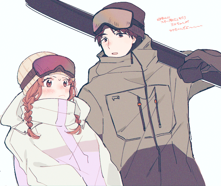 1boy 1girl beanie black_mittens blush braid brown_hair carrying_over_shoulder closed_mouth drawstring egashira_mika frown goggles goggles_on_head hair_over_shoulder hand_up hat height_difference high_collar holding_snowboard jacket long_hair long_sleeves looking_ahead looking_at_another looking_to_the_side mittens mukai_tsukasa pechevail red_eyes redhead side-by-side simple_background ski_goggles skip_to_loafer snowboard twin_braids twintails upper_body white_background white_jacket winter_clothes