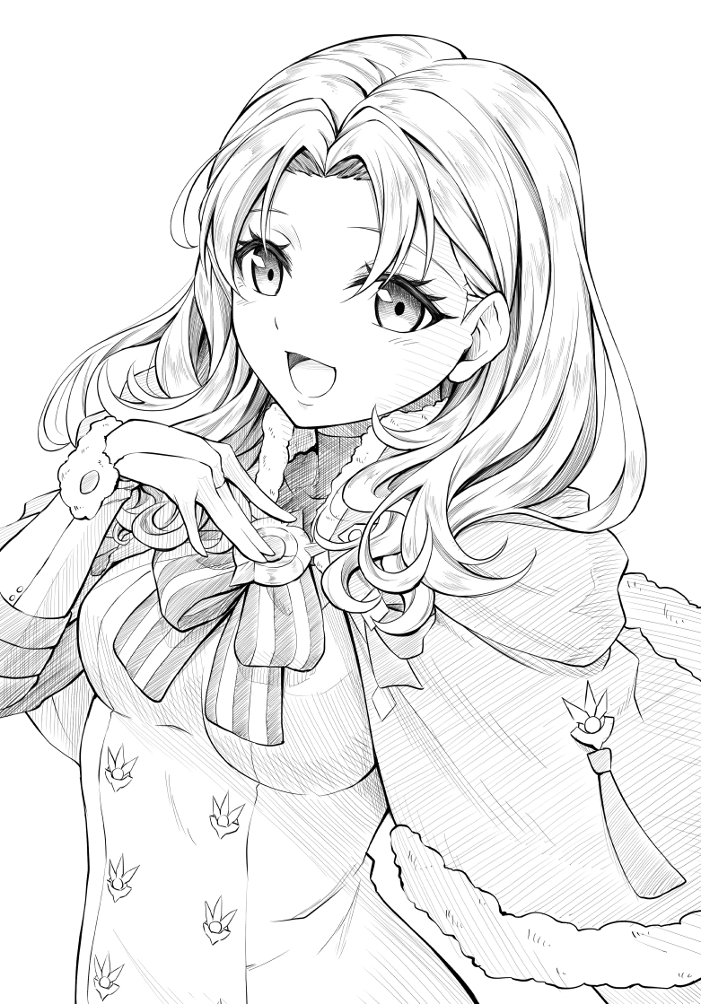 1girl annette_fantine_dominic bridal_gauntlets capelet eyelashes fire_emblem fire_emblem:_three_houses fur_trim greyscale long_hair looking_at_viewer monochrome open_mouth ribbon simple_background smile solo ten_(tenchan_man) upper_body white_background