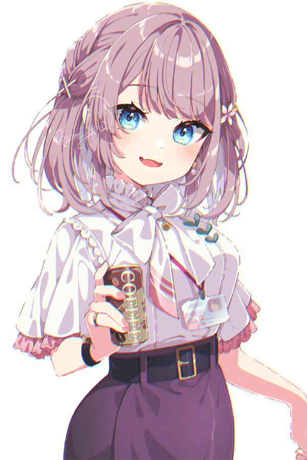 1girl :d belt black_belt blue_eyes blush bottle bow bowtie braid can canned_coffee cowboy_shot drink_can fang fingernails flower frilled_shirt_collar frills grey_skirt hair_flower hair_ornament holding id_card indie_virtual_youtuber jewelry light_brown_hair looking_at_viewer mamyouda medium_hair mitsuki_momo open_mouth ring shirt simple_background skin_fang skirt smile solo virtual_youtuber watch watch wedding_ring white_background white_bow white_bowtie white_shirt x_hair_ornament