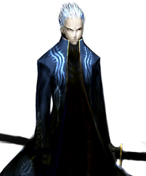 1boy black_bodysuit bodysuit closed_mouth coat devil_may_cry_(series) devil_may_cry_3 gloves holding holding_sword holding_weapon katana male_focus sakamoto_mineji short_hair simple_background solo spiky_hair sword vergil_(devil_may_cry) weapon white_background white_hair