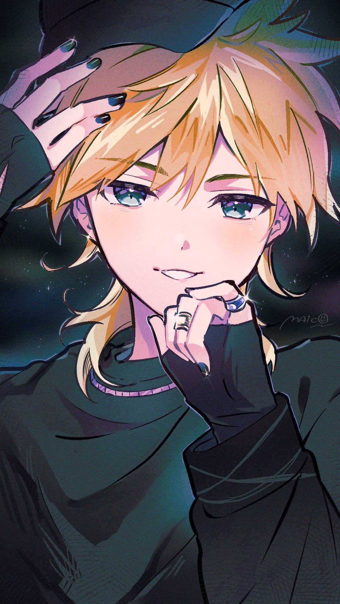 1boy aqua_eyes baseball_cap black_nails black_shirt blonde_hair grin hat highres jewelry kagamine_len long_sleeves looking_at_viewer maico_(manya0321) multiple_rings necklace ring shirt sleeves_past_wrists smile upper_body vocaloid zozotown