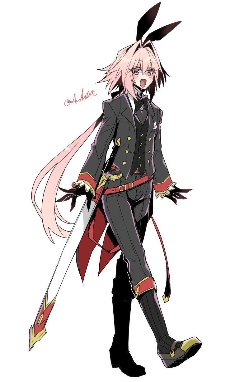 1boy alternate_costume androgynous animal_ears astolfo_(fate) astolfo_(saber)_(fate) belt belt_buckle black_bow black_bowtie black_gloves black_socks black_suit black_vest blush boots bow bowtie buckle buttons collar commentary_request eyes_visible_through_hair fake_animal_ears fang fate/apocrypha fate/grand_order fate_(series) formal full_body gloves hair_between_eyes hair_intakes haoro highres lapels long_hair long_sleeves looking_at_viewer low_twintails male_focus mary_janes multicolored_hair notched_lapels open_mouth pants pink_hair rabbit_ears red_belt red_ribbon ribbon scabbard sheath sheathed shoes signature simple_background skin_fang socks solo standing streaked_hair suit sword twintails twitter_username vest violet_eyes weapon white_background white_collar wing_collar