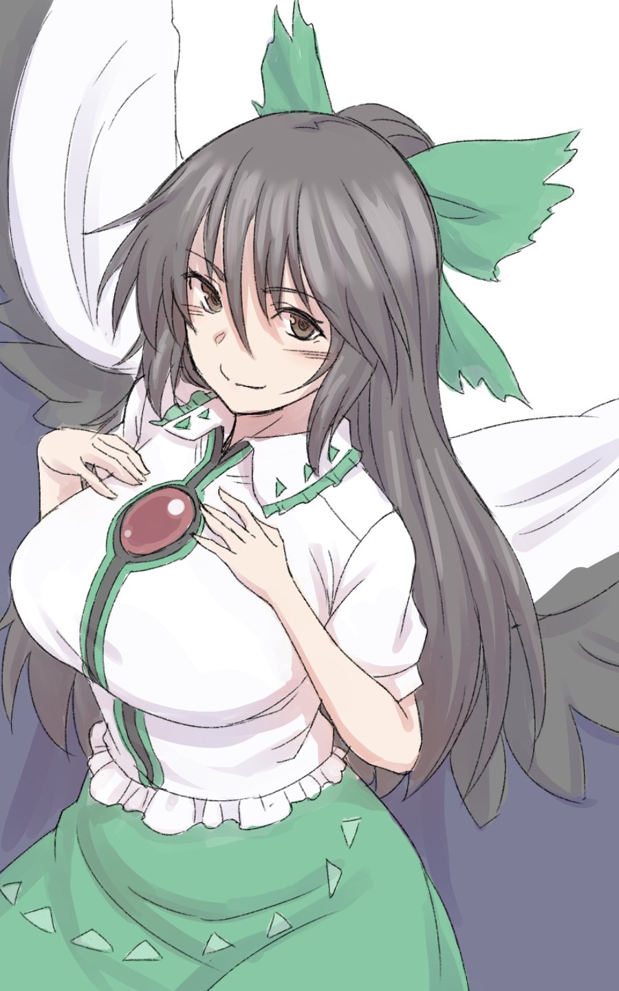 1girl bird_wings black_eyes black_hair black_wings blush bow breasts cape center_frills closed_mouth commentary frills green_bow green_skirt hair_between_eyes hair_bow highres kakone large_breasts long_hair looking_at_viewer one-hour_drawing_challenge reiuji_utsuho shirt simple_background skirt smile solo third_eye touhou white_background white_cape white_shirt wings