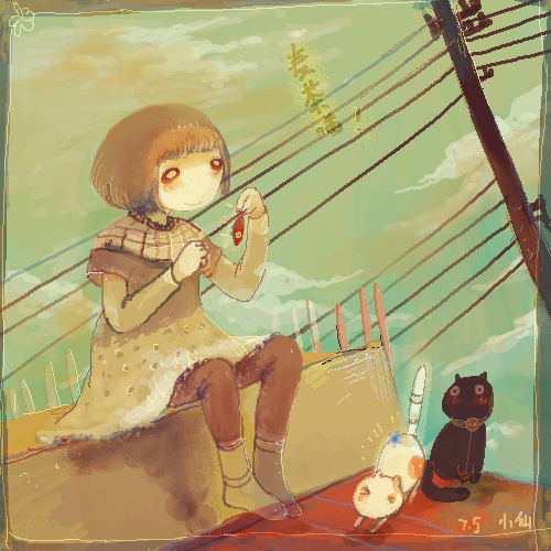 1girl animal black_cat blue_sky blush_stickers box bright_pupils brown_hair brown_leggings capelet cat chinese_commentary closed_mouth clouds commentary_request dated day dress fish full_body fur-trimmed_dress fur_trim grey_dress grey_shirt grey_sky holding holding_animal holding_fish leggings long_sleeves lowres notice_lines on_roof original outdoors plaid_capelet polka_dot polka_dot_dress power_lines red_eyes shirt short_dress short_hair signature sitting sky smile solo stretching two-tone_dress white_capelet white_cat white_dress white_pupils wu_xiao_xian