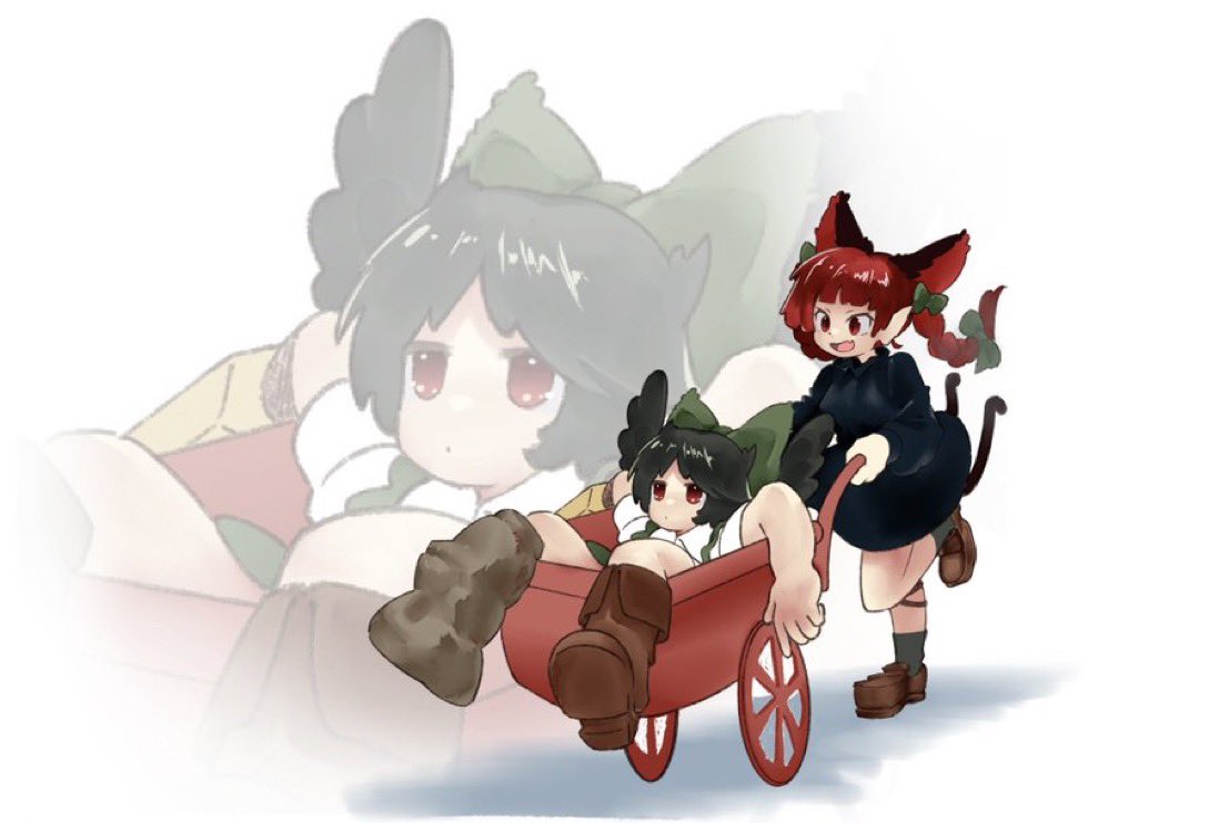 2girls :d animal_ears asymmetrical_legwear bird_wings black_dress black_hair bow braid cat_ears cat_tail commentary_request dress extra_ears fang feathered_wings green_bow hair_bow kaenbyou_rin leg_ribbon multiple_girls multiple_tails pointy_ears red_eyes redhead reiuji_utsuho ribbon rn_(sbr2933090) shadow simple_background skin_fang smile tail touhou twin_braids two_tails wheelbarrow white_background wings