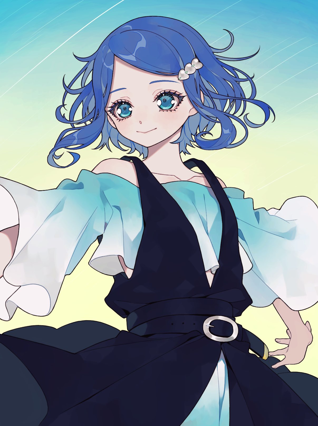 1girl ao_(ao0_0nemu) bad_id bad_twitter_id black_dress blue_background blue_eyes blue_hair blue_shirt closed_mouth commentary_request cowboy_shot cropped_shirt dress gradient_background hair_ornament highres looking_at_viewer pretty_rhythm pretty_rhythm_rainbow_live pretty_series rinne_(pretty_rhythm) shirt short_hair sleeveless sleeveless_dress smile solo standing wide_sleeves