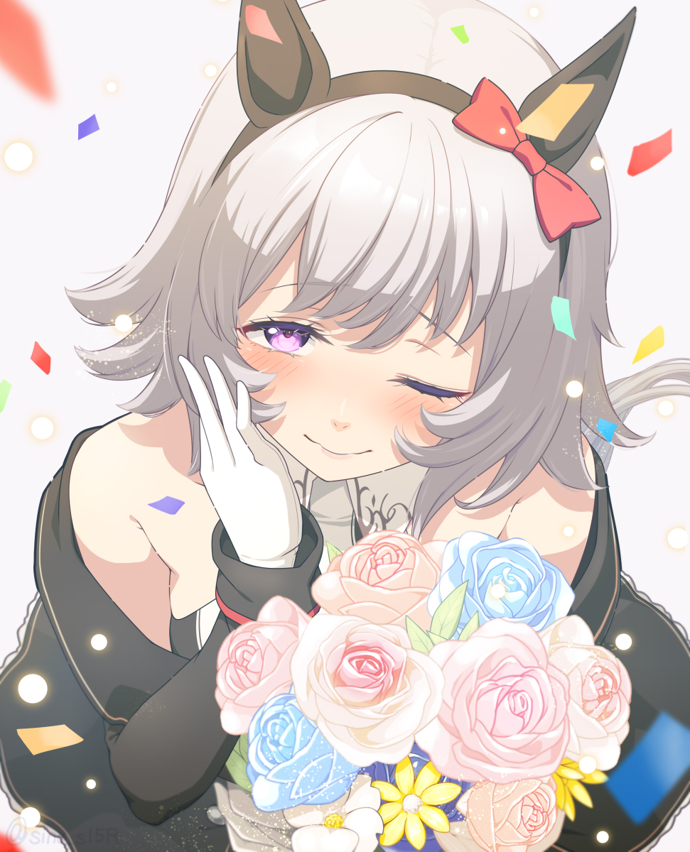 1girl animal_ears black_dress black_hairband blue_flower blue_rose blush bouquet bow closed_mouth commentary_request confetti curren_chan_(umamusume) dress ear_covers flower gloves grey_background grey_hair hairband highres holding holding_bouquet horse_ears horse_girl looking_at_viewer masaki_shino medium_bangs off-shoulder_dress off_shoulder one_eye_closed pink_flower pink_rose red_bow rose short_hair smile solo umamusume upper_body violet_eyes white_flower white_gloves yellow_flower