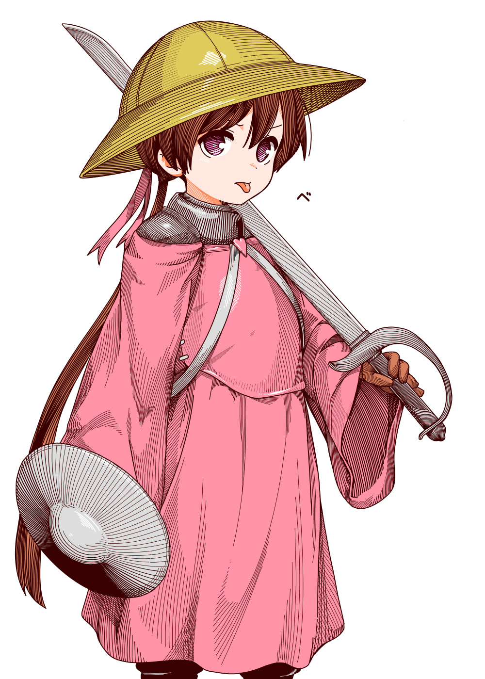 1girl adapted_costume armor armor_under_clothes breastplate brown_hair buckler closed_mouth dress feet_out_of_frame glaring hat helmet highres holding holding_shield holding_sword holding_weapon long_hair long_sleeves looking_at_viewer low_twintails namae_(koubutunado) off-shoulder_dress off_shoulder over_shoulder pink_dress saber_(weapon) school_hat shield simple_background solo standing sword tongue tongue_out tsukuyomi_ai twintails violet_eyes voiceroid weapon weapon_over_shoulder