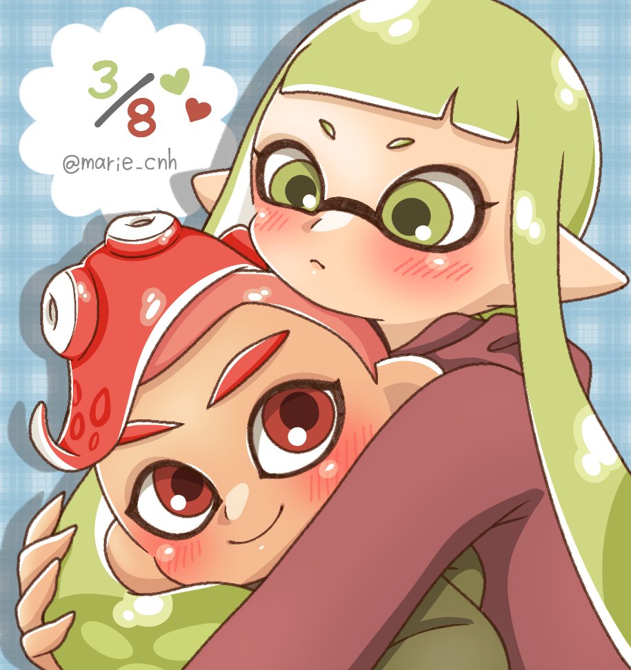 1boy 1girl agent_3_(splatoon) agent_8_(splatoon) artist_name blue_background blush closed_mouth commentary_request date_pun dated green_eyes green_hair heart hood hoodie hug inkling inkling_girl inkling_player_character long_hair marie_cnh mohawk number_pun octoling octoling_boy octoling_player_character pointy_ears red_eyes red_hoodie redhead short_hair splatoon_(series) splatoon_1 splatoon_2 splatoon_2:_octo_expansion tentacle_hair thick_eyebrows twitter_username upper_body