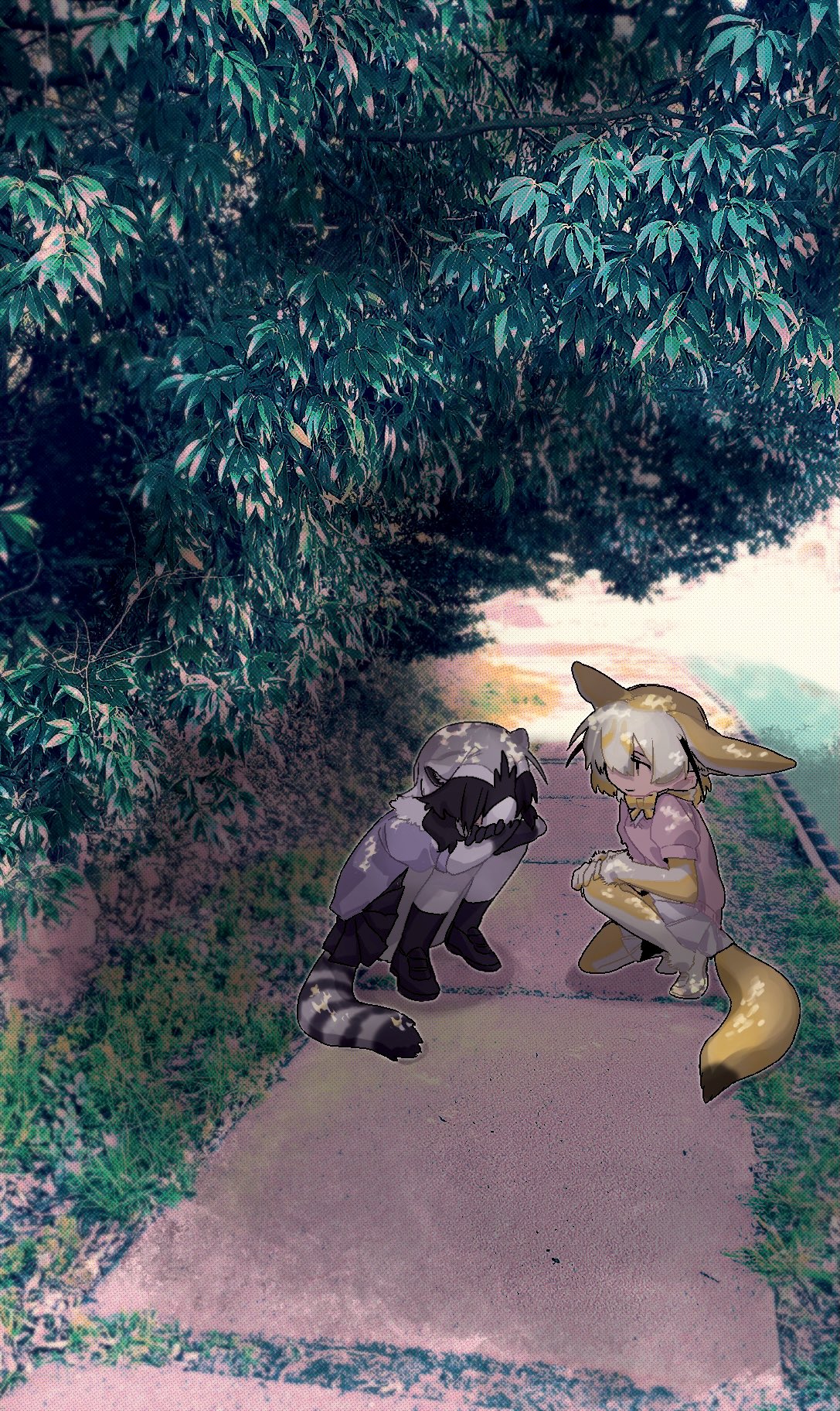 2girls animal_ears bad_id bad_twitter_id black_gloves black_hair black_skirt blonde_hair boots commentary_request common_raccoon_(kemono_friends) day extra_ears face_down fennec_(kemono_friends) fox_ears fox_tail full_body gloves grass grey_hair highres inactive_account jmeysan kemono_friends looking_at_another multicolored_hair multiple_girls open_mouth outdoors path photo_background pink_shirt pleated_skirt purple_shirt raccoon_ears raccoon_tail shirt short_hair short_sleeves sitting skirt smile striped_tail tail tree tree_shade white_hair white_skirt