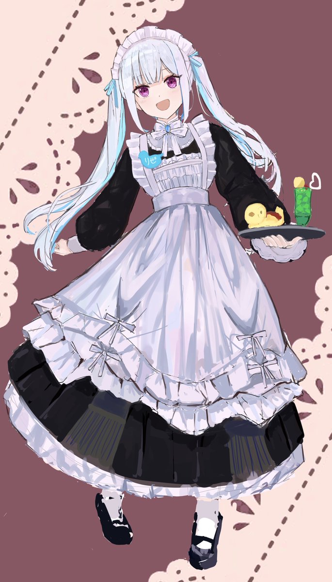 1girl 5lira :d apron bird bird_on_tray black_dress black_footwear blue_hair bow bowtie cherry chick colored_inner_hair cream_soda cup dot_nose dress drink drinking_glass eyelashes food frilled_apron frills fruit full_body hashtag-only_commentary heart high_heels highres holding holding_tray ice ice_cube lace_background lize_helesta lize_helesta_(9th_costume) long_dress long_hair long_sleeves maid maid_apron monocle multicolored_hair name_tag nijisanji official_alternate_costume official_alternate_hairstyle open_mouth pigeon-toed puffy_long_sleeves puffy_sleeves purple_background ribbon sebastian_piyodore sleeve_cuffs smile socks standing swept_bangs translated tray twintails two-tone_hair violet_eyes virtual_youtuber white_apron white_bow white_bowtie white_hair white_ribbon white_socks