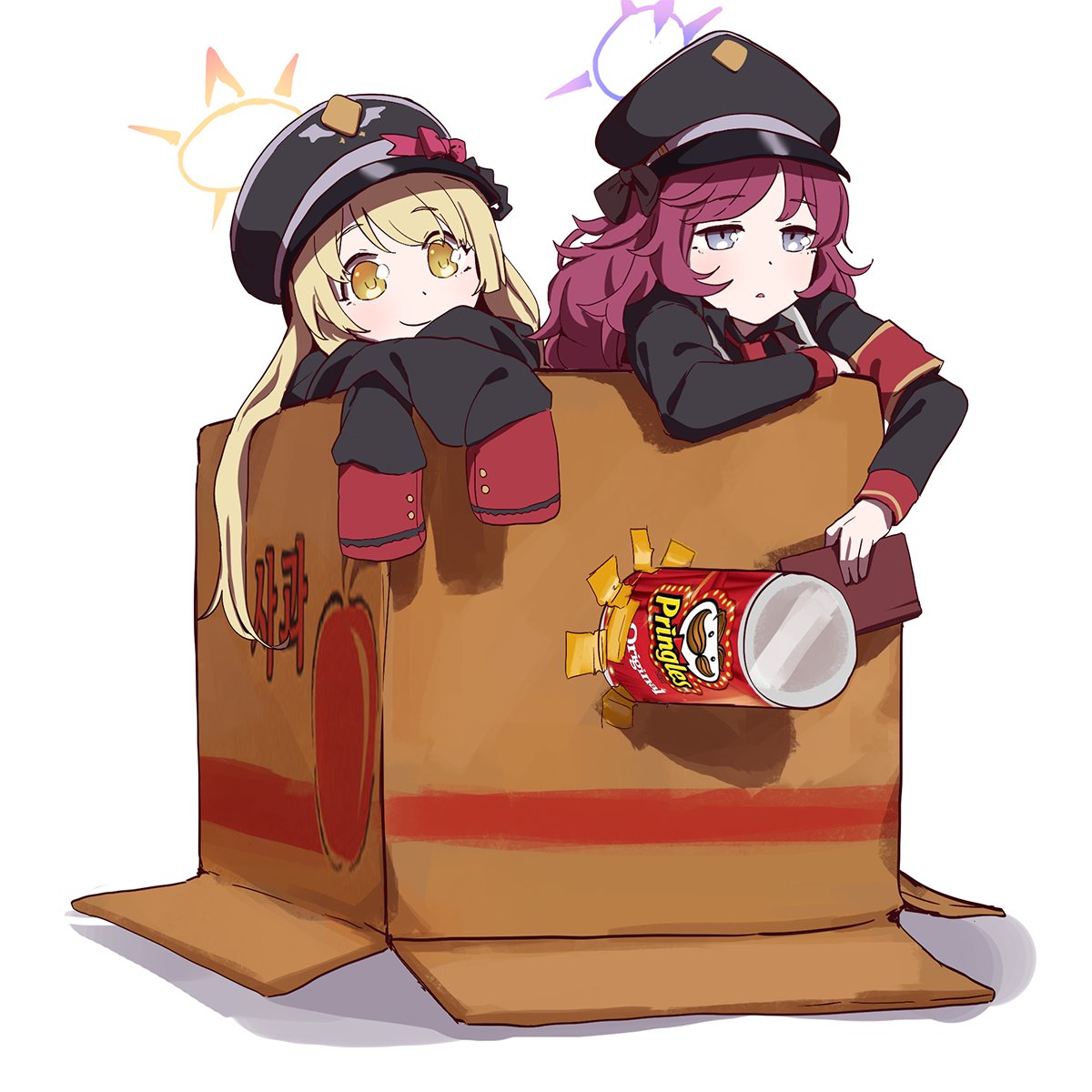 2girls armband black_jacket black_shirt blonde_hair blue_archive box cardboard_box closed_mouth collared_shirt commentary_request grey_eyes halo hat highres holding ibuki_(blue_archive) in_box in_container iroha_(blue_archive) jacket korean_commentary long_hair long_sleeves looking_ahead mmm_(ji1945) multiple_girls open_mouth peaked_cap pringles pringles_can purple_halo red_armband redhead shirt simple_background sleeves_past_fingers sleeves_past_wrists smile white_background yellow_eyes yellow_halo