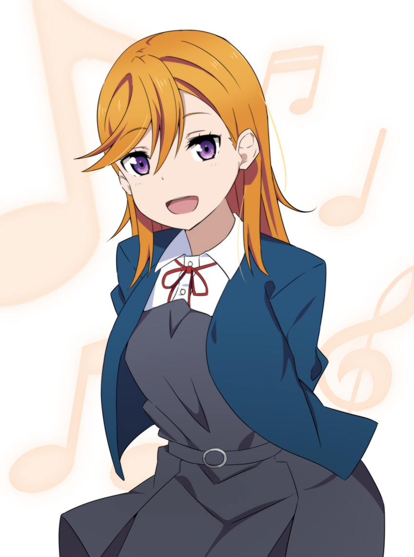 1girl arms_behind_back blue_jacket collared_shirt commentary_request dress grey_dress jacket long_sleeves looking_at_viewer love_live! love_live!_superstar!! neck_ribbon open_clothes open_jacket open_mouth orange_hair red_ribbon ribbon school_uniform shibuya_kanon shirt solo standing to~fuya upper_body violet_eyes white_background white_shirt winter_uniform yuigaoka_school_uniform