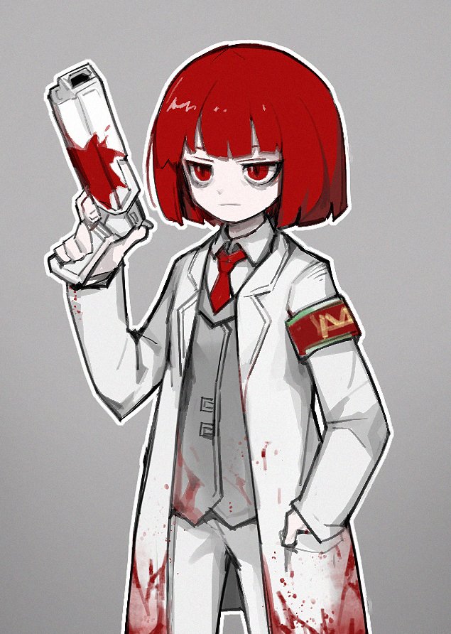 1girl blood blood_on_clothes closed_mouth coat collared_shirt e.g.o_(project_moon) employee_(project_moon) flaw_eight grey_background grey_vest lobotomy_corporation long_sleeves necktie project_moon red_eyes red_necktie redhead shirt short_hair simple_background solo vest white_coat white_shirt