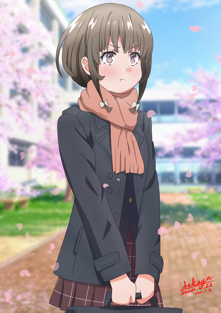 1girl :t azusagawa_kaede black_jacket blue_sky blurry blurry_background blush bow briefcase brown_eyes brown_hair brown_scarf brown_skirt building closed_mouth clouds commentary_request dated day depth_of_field fringe_trim hair_bow holding jacket long_sleeves outdoors pleated_skirt pout red_bow revision sakayaya scarf school_briefcase seishun_buta_yarou signature skirt sky solo tree v-shaped_eyebrows