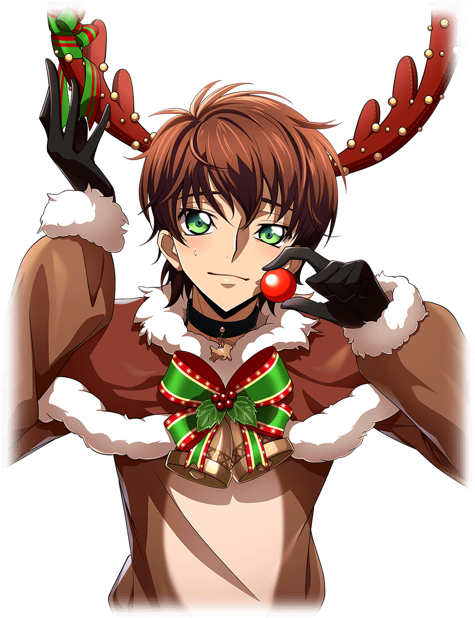 1boy animal_costume artist_request bell black_choker black_gloves blush bow bowtie brown_capelet brown_hair capelet choker closed_mouth code_geass code_geass:_lost_stories cropped_torso fake_antlers fake_nose fur-trimmed_capelet fur-trimmed_sleeves fur_trim game_cg gloves green_bow green_bowtie green_eyes green_ribbon hands_up highres holly horn_ornament horn_ribbon horns kururugi_suzaku light_blush long_sleeves looking_at_viewer male_focus neck_bell nervous non-web_source official_art reindeer_costume ribbon short_hair sidelocks simple_background smile solo straight-on sweat transparent_background upper_body