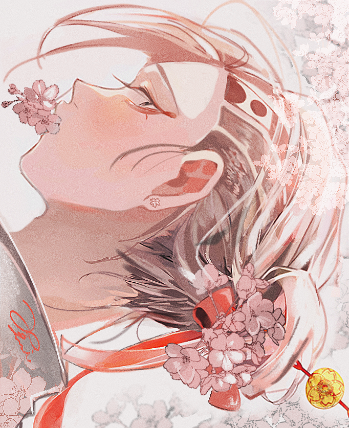 1boy ao_rui cherry_blossoms close-up collared_shirt ear_piercing floral_background flower flower_on_head flower_over_mouth from_behind hair_bun hair_flower hair_ornament hair_ribbon head_tattoo japanese_clothes kokonoi_hajime light_blush looking_at_viewer looking_back male_focus piercing red_ribbon ribbon shirt solo swept_bangs tokyo_revengers white_hair white_shirt