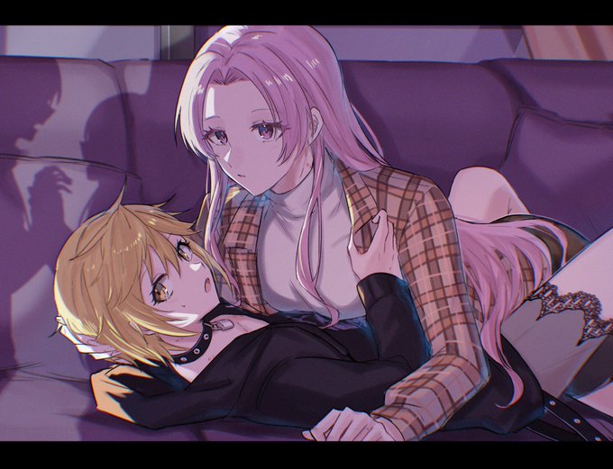 2girls aoki_shizumi black_jacket blonde_hair character_request closed_mouth collar commentary_request couch d4dj girl_on_top indoors jacket long_hair long_sleeves lying multiple_girls on_back on_couch open_mouth pink_eyes pink_hair plaid plaid_jacket shadow shirt short_hair sweat turtleneck_shirt walk-in white_shirt yellow_eyes yuri