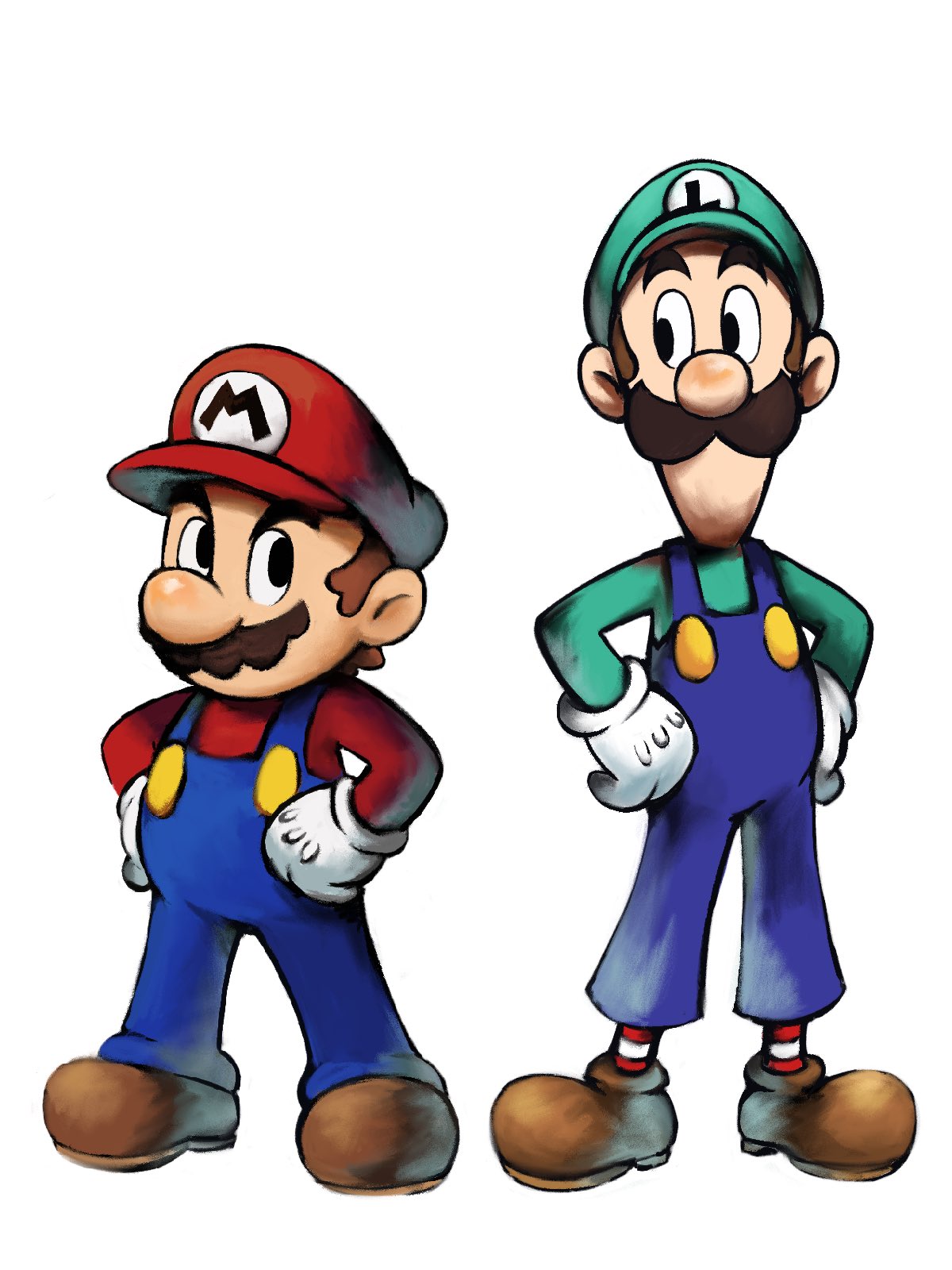 2boys blue_overalls boots brothers brown_footwear brown_hair buttons facial_hair full_body gloves green_hat green_shirt hands_on_own_hips highres looking_at_another luigi mari_luijiroh mario mario_&amp;_luigi_rpg masanori_sato_(style) multiple_boys mustache overalls red_hat red_shirt red_socks shirt short_hair siblings simple_background socks striped_clothes striped_socks super_mario_bros. two-tone_socks white_background white_gloves white_socks