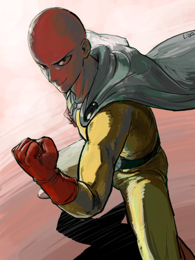 1boy backlighting bald belt black_belt black_eyes bodysuit cape clenched_hand closed_mouth commentary_request gloves looking_at_viewer male_focus one-punch_man red_gloves saitama_(one-punch_man) sakon_8 smile solo white_cape yellow_bodysuit