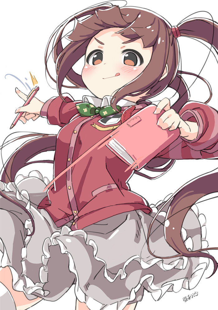 1girl :q blush bow bowtie brown_eyes brown_hair buttons character_name collar collared_shirt cowboy_shot dot_nose frilled_skirt frills green_bow green_bowtie grey_skirt hair_tie holding holding_notebook holding_pen idolmaster idolmaster_million_live! idolmaster_million_live!_theater_days kuresuku_(lessons) long_hair long_sleeves matsuda_arisa notebook pen red_shirt shirt sidelocks simple_background skirt solo thigh-highs tongue tongue_out twintails v-shaped_eyebrows very_long_hair white_background white_collar white_thighhighs wind wind_lift zettai_ryouiki