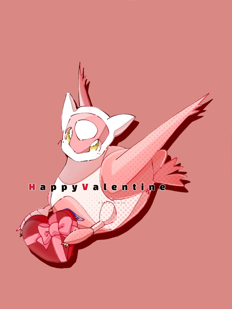 animal_focus artist_name blush bow box claws commentary drop_shadow gift gift_box halftone happy_valentine heart-shaped_box holding latias light_blush looking_at_viewer no_humans pokemon pokemon_(creature) red_background red_bow red_theme simple_background solo twitter_username ume_musubi valentine watermark yellow_eyes