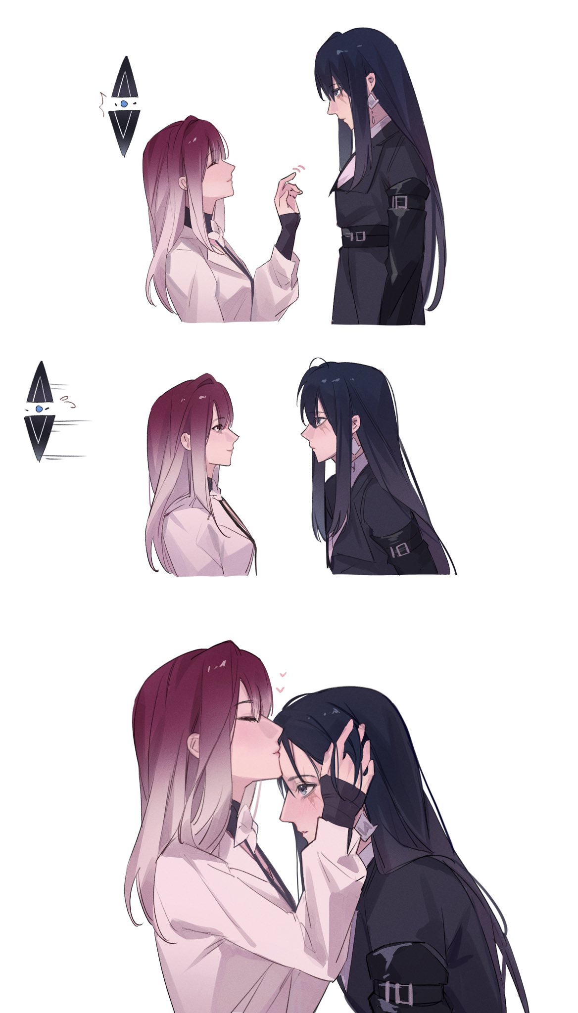 2girls black_choker black_coat black_hair black_ribbon blush chinese_commentary choker closed_eyes closed_mouth coat commentary_request earrings from_side gradient_hair grey_eyes heart height_difference highres jewelry kiss kissing_forehead long_hair long_sleeves miix777 multicolored_hair multiple_girls parted_lips path_to_nowhere profile rahu_(path_to_nowhere) redhead ribbon scar scar_across_eye shalom_(path_to_nowhere) simple_background smile white_background white_hair wrist_wrap yuri