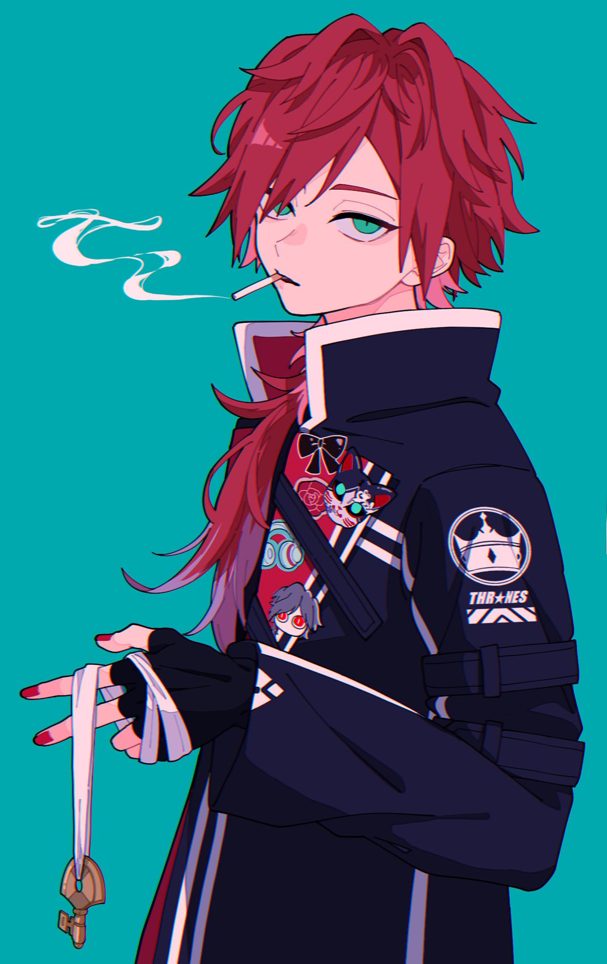 1boy aqua_background black_gloves black_jacket cigarette fingerless_gloves gloves green_eyes highres holding jacket lapels lauren_iroas long_hair looking_at_viewer male_focus nasi_w2 nijisanji open_clothes open_jacket red_nails redhead simple_background smoke_trail smoking solo standing upper_body