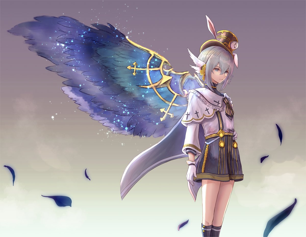 1boy 823/natalia adapted_costume arch_bishop_(ragnarok_online) black_hat black_necktie black_shorts blue_eyes blue_hair blue_wings cape clock_hat_ornament closed_mouth commentary_request cross_print ear_wings expressionless feathered_wings feathers feet_out_of_frame gloves gold_trim gradient_background grey_background grey_cape hair_between_eyes hat long_bangs long_sleeves looking_afar male_focus necktie ragnarok_masters ragnarok_online shirt shirt_tucked_in short_hair shorts solo standing striped_clothes striped_necktie striped_shorts suspender_shorts suspenders top_hat vertical-striped_clothes vertical-striped_shorts white_gloves white_shirt white_wings wings