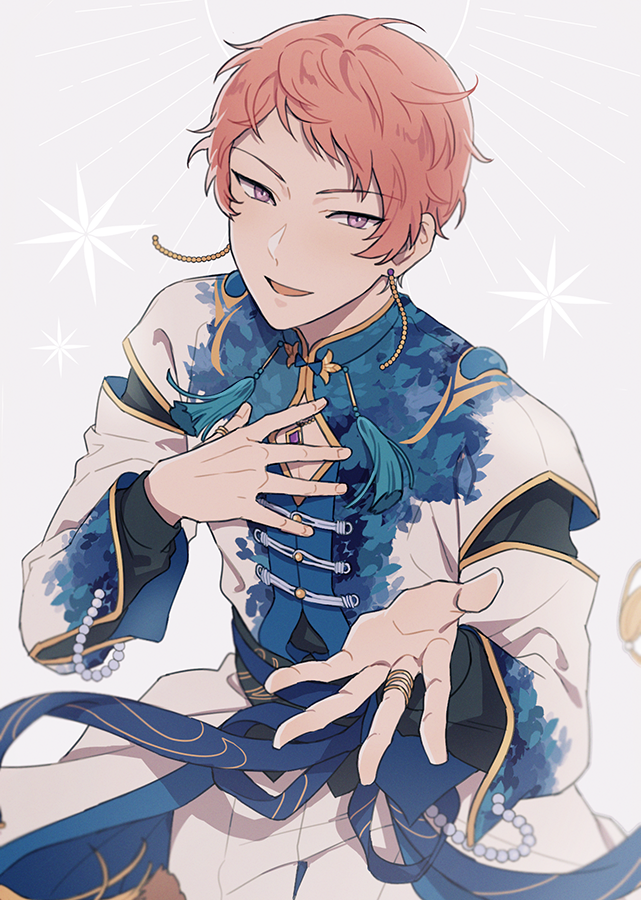 1boy beads commentary_request cowboy_shot earrings ensemble_stars! fingernails grey_background hand_on_own_chest itsuki_shu jewelry korean_commentary long_sleeves looking_at_viewer male_focus open_mouth outstretched_hand pink_hair ring round_o0 short_bangs short_hair solo star_(symbol) violet_eyes
