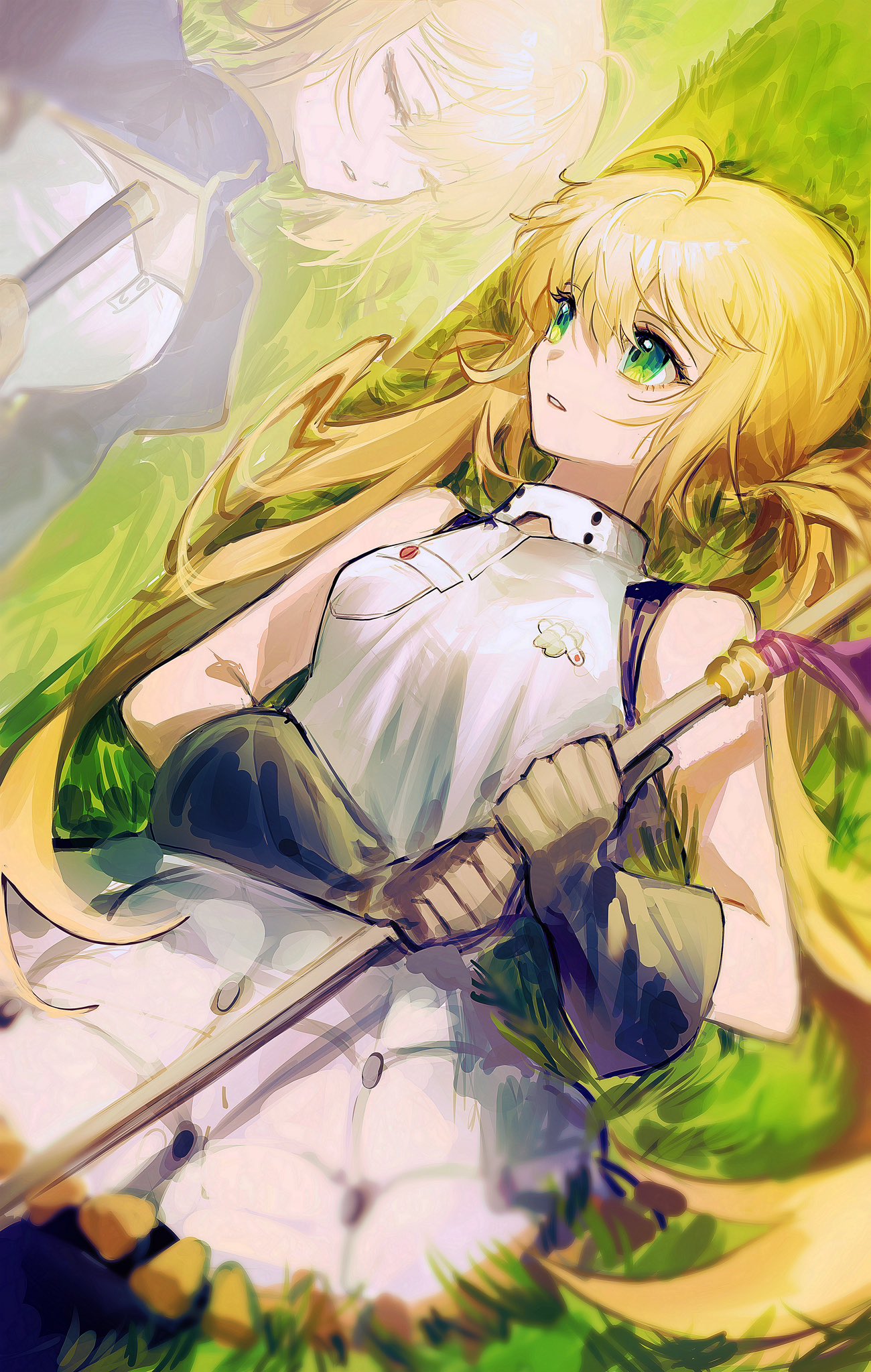 2girls ahoge artoria_caster_(fate) artoria_caster_(first_ascension)_(fate) artoria_pendragon_(fate) bare_shoulders black_gloves blonde_hair blue_dress closed_eyes commentary different_reflection dress dual_persona fate/grand_order fate_(series) gloves grass green_eyes grey_dress highres holding holding_staff lambda_sam0 long_hair lying multiple_girls outdoors pocket reflection saber_(fate) short_hair sleeveless sleeveless_dress staff twintails