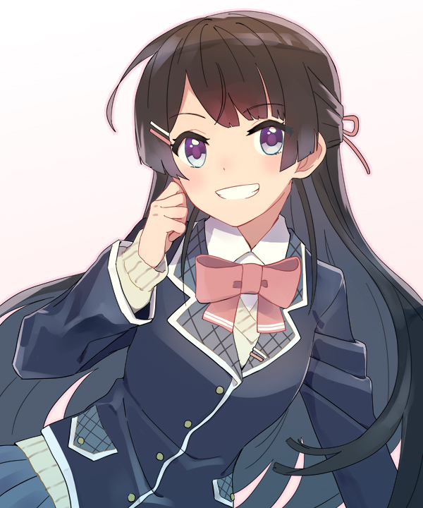 1girl :d black_jacket blazer blue_eyes blue_skirt blush bow bowtie brown_hair collared_shirt cowboy_shot dot_nose grin hand_on_own_cheek hand_on_own_face jacket long_hair looking_at_viewer nijisanji open_mouth pink_bow pink_bowtie pleated_skirt shirt sidelocks simple_background skirt smile solo sou_(tuhut) straight_hair teeth tsukino_mito two-tone_eyes violet_eyes virtual_youtuber white_background white_shirt