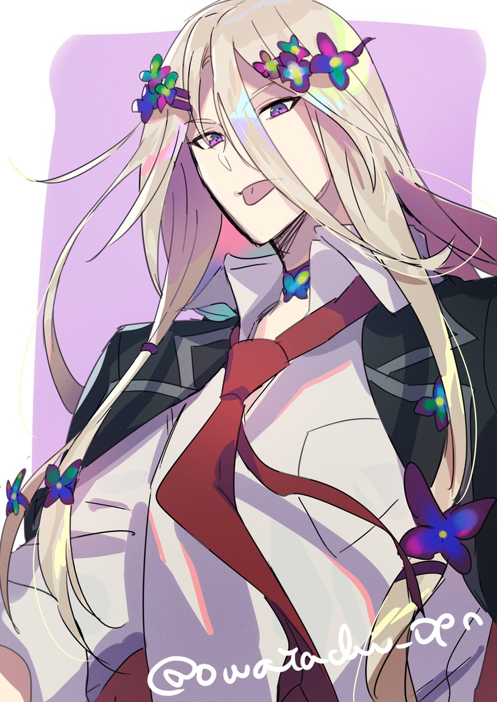 1boy :p artist_name black_jacket blonde_hair border breast_pocket choker closed_mouth collared_shirt fate/grand_order fate_(series) flower flower_choker hair_between_eyes hair_flower hair_ornament hairclip highres jacket jacket_on_shoulders kiritachi long_hair long_sleeves looking_at_viewer male_focus necktie official_alternate_costume outside_border pocket purple_background purple_choker purple_flower school_uniform shirt simple_background solo tongue tongue_out twitter_username very_long_hair violet_eyes white_border white_shirt wing_collar wolfgang_amadeus_mozart_(fate)