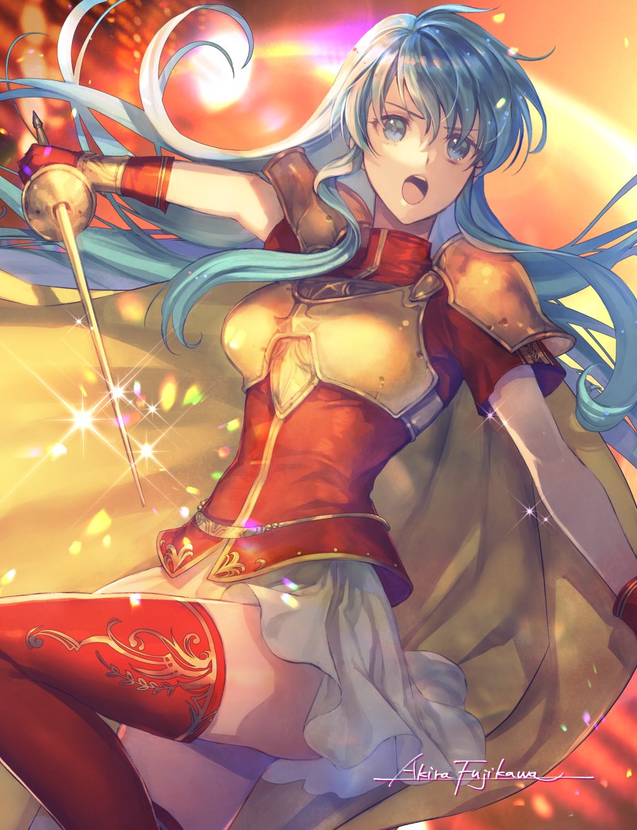 1girl :o aqua_eyes aqua_hair armor breastplate cape commentary_request dress eirika_(fire_emblem) fire_emblem fire_emblem:_the_sacred_stones fujikawa_arika gloves highres holding holding_sword holding_weapon long_hair looking_at_viewer rapier red_dress red_gloves red_thighhighs short_sleeves shoulder_armor sidelocks skirt solo sword thigh-highs weapon white_skirt