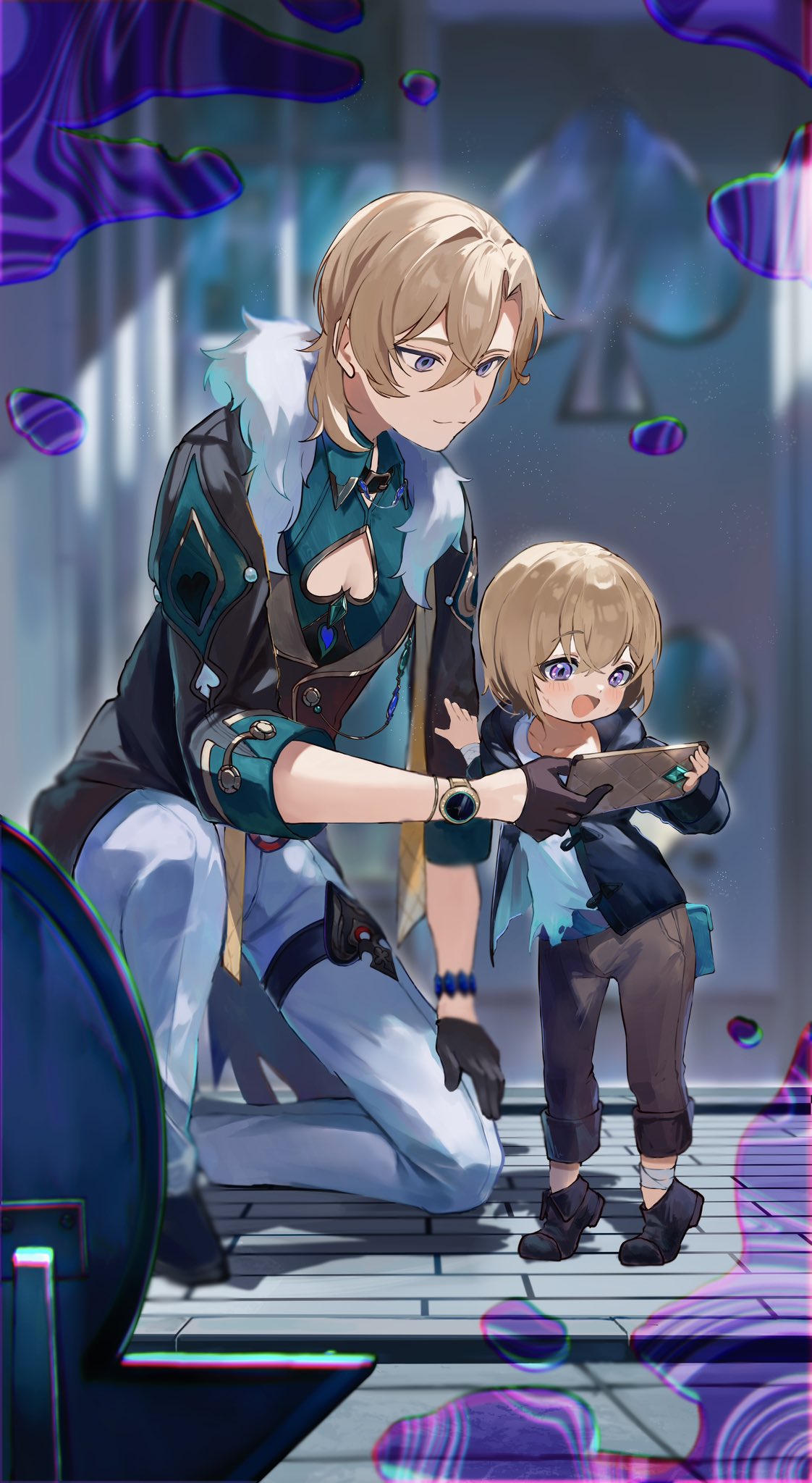 2boys aged_down aqua_shirt aventurine_(honkai:_star_rail) black_footwear black_gloves blonde_hair bracelet cellphone closed_mouth clothing_cutout collared_shirt fur_trim gloves hair_between_eyes highres holding holding_phone honkai:_star_rail honkai_(series) jewelry kneeling looking_at_phone male_focus multicolored_eyes multiple_boys open_mouth pants phone potetwo_2 shadow shirt short_hair smartphone standing torn_clothes torn_shirt watch watch white_pants