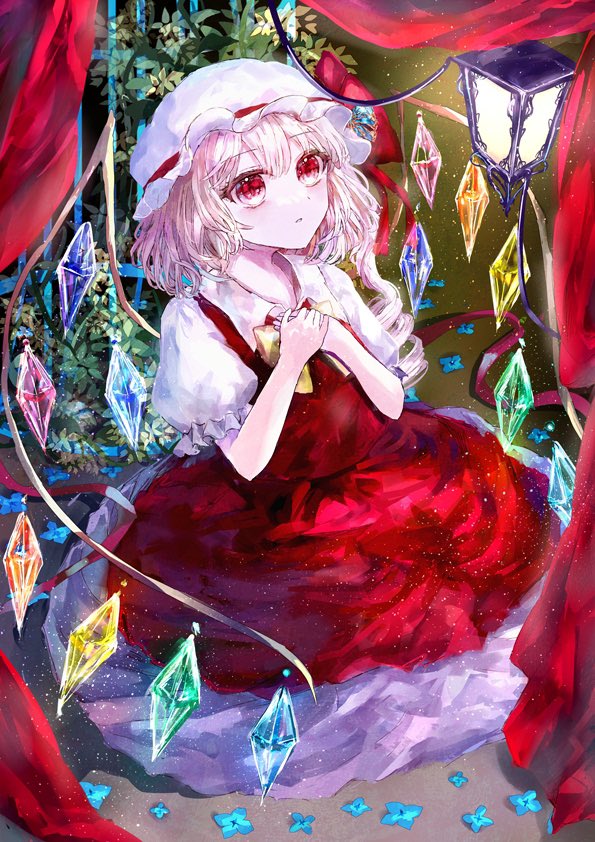 1girl ascot bat_wings blonde_hair crystal flandre_scarlet hat hat_ribbon inukkomaru kneeling lamp mob_cap multicolored_wings one_side_up own_hands_together plant potted_plant puffy_short_sleeves puffy_sleeves red_eyes red_skirt red_vest ribbon short_sleeves side_ponytail skirt skirt_set solo suzushina touhou vest white_hat wings yellow_ascot