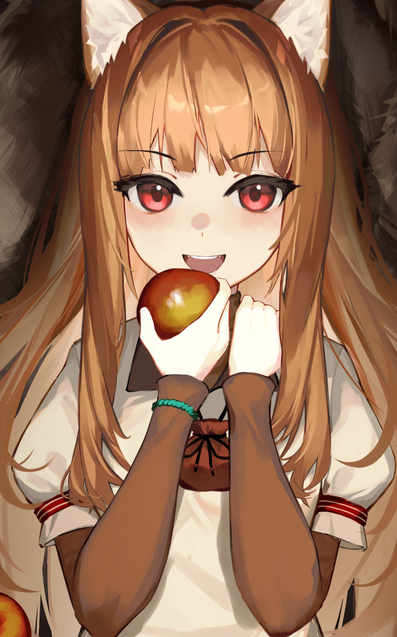 1girl :d animal_ear_fluff animal_ears apple blunt_bangs blush brown_hair brown_shirt chinese_commentary cine_(wazd0183) commentary commission dress english_commentary eyelashes fangs food fruit hands_up happy highres holding holding_food holding_fruit holo long_hair long_sleeves looking_at_viewer mixed-language_commentary open_mouth pixiv_commission puffy_short_sleeves puffy_sleeves red_eyes round_teeth shirt short_sleeves sidelocks simple_background smile solo spice_and_wolf straight-on straight_hair teeth tsurime upper_body upper_teeth_only very_long_hair white_shirt wolf_ears wolf_girl