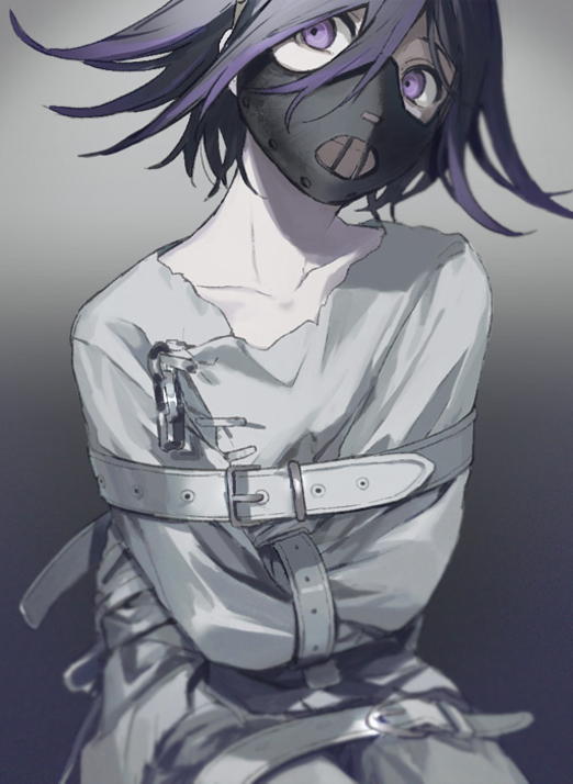 1boy belt belt_buckle black_mask bound bound_arms buckle closed_mouth collarbone cowboy_shot crossed_arms danganronpa_(series) danganronpa_v3:_killing_harmony expressionless gradient_background grey_background hair_between_eyes hou_(ppo) long_sleeves looking_at_viewer male_focus mask mouth_mask multiple_belts oma_kokichi pale_skin pants purple_hair shirt short_hair simple_background sitting solo straitjacket violet_eyes white_belt white_pants white_shirt white_sleeves