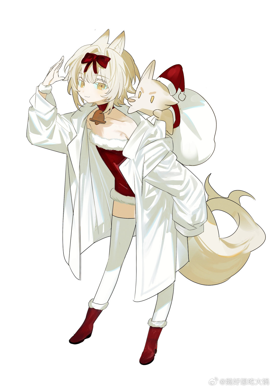 1girl animal_ears bell blonde_hair boots bow chinese_commentary choker christmas closed_mouth coat collar commentary_request dress fox fox_ears fox_tail full_body fur-trimmed_boots fur-trimmed_dress fur_trim hair_bow hand_up hat highres long_sleeves looking_at_viewer neck_bell original red_bow red_choker red_dress red_footwear rexxxlord santa_costume santa_dress santa_hat short_hair simple_background sleeves_past_fingers sleeves_past_wrists smile solo strapless tail thigh-highs weibo_logo weibo_username white_background white_coat white_hair white_thighhighs yellow_eyes