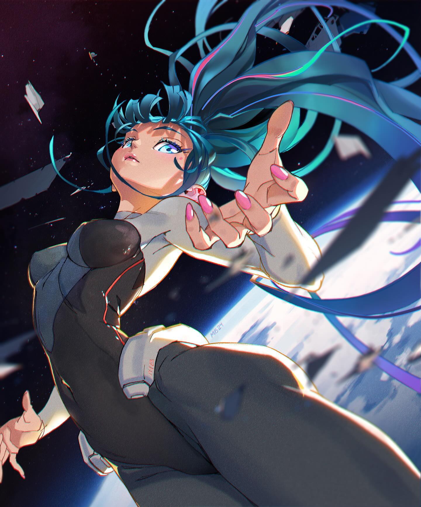 1girl atmospheric_perspective blue_eyes blush bodysuit breasts claws cowboy_shot earth_(planet) green_hair high_ponytail highres long_hair looking_to_the_side marc_brunet medium_breasts nail_polish original pink_nails planet ponytail solo