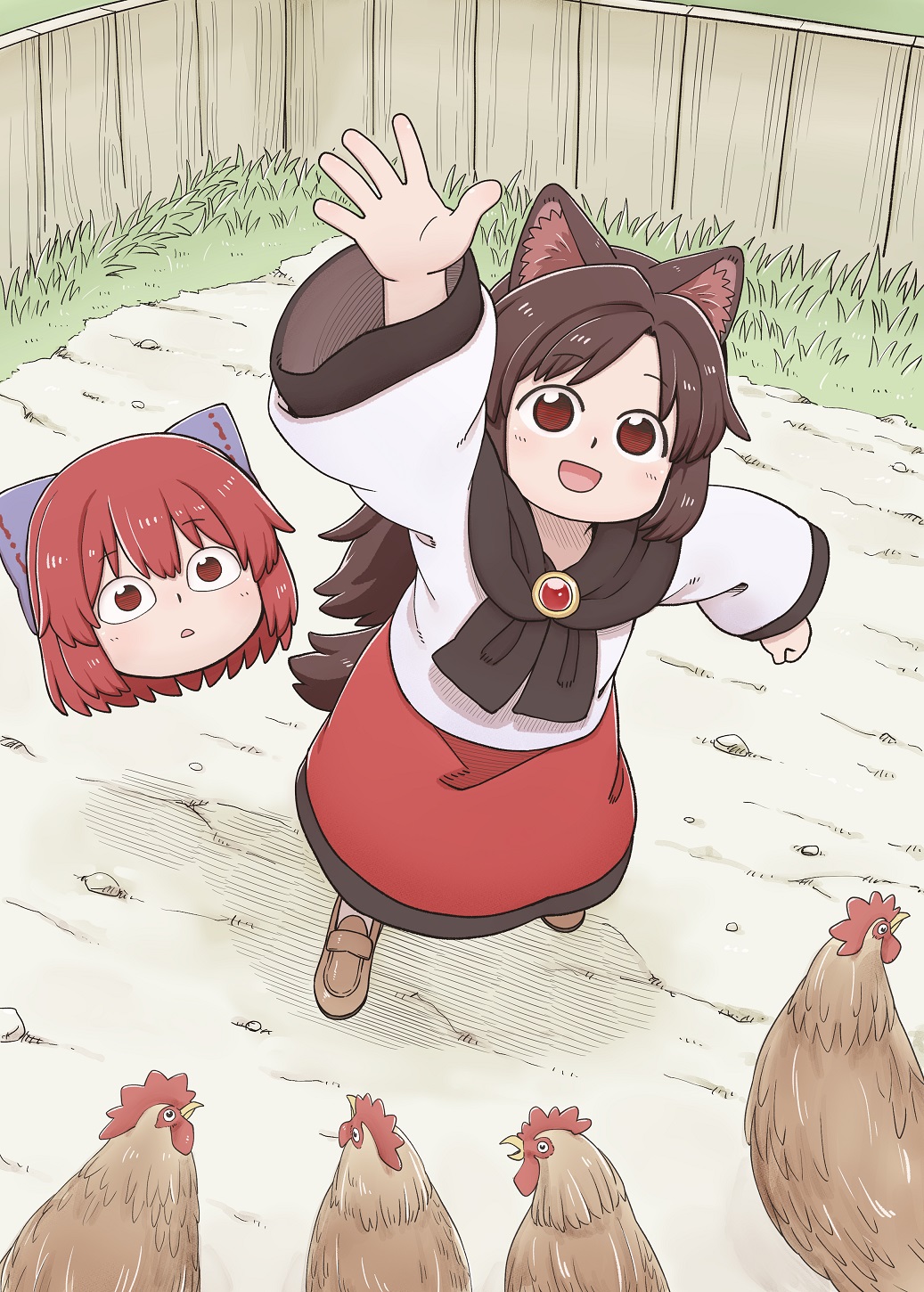 2girls :d animal_ears bird bow brown_hair chicken commentary_request disembodied_head full_body hair_bow highres imaizumi_kagerou long_hair long_sleeves looking_at_viewer multiple_girls open_mouth outdoors poronegi red_eyes red_skirt redhead sekibanki short_hair skirt smile standing tail touhou wolf_ears wolf_girl wolf_tail