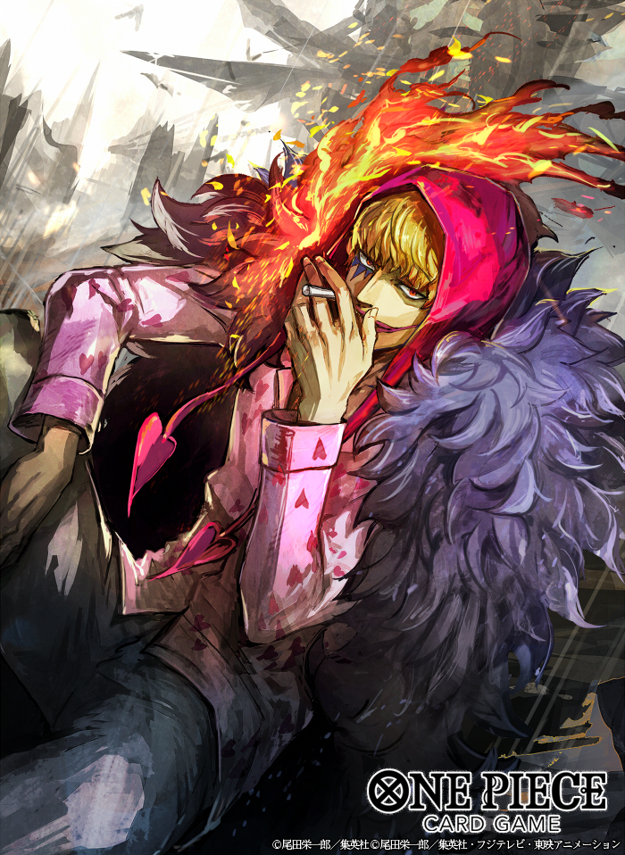 1boy blonde_hair cigarette coat donquixote_rocinante english_commentary english_text fur_coat heart heart_print holding holding_cigarette hood hood_up long_sleeves looking_at_viewer makeup male_focus mixed-language_commentary nijihayashi official_art one_piece red_hood short_hair solo translation_request