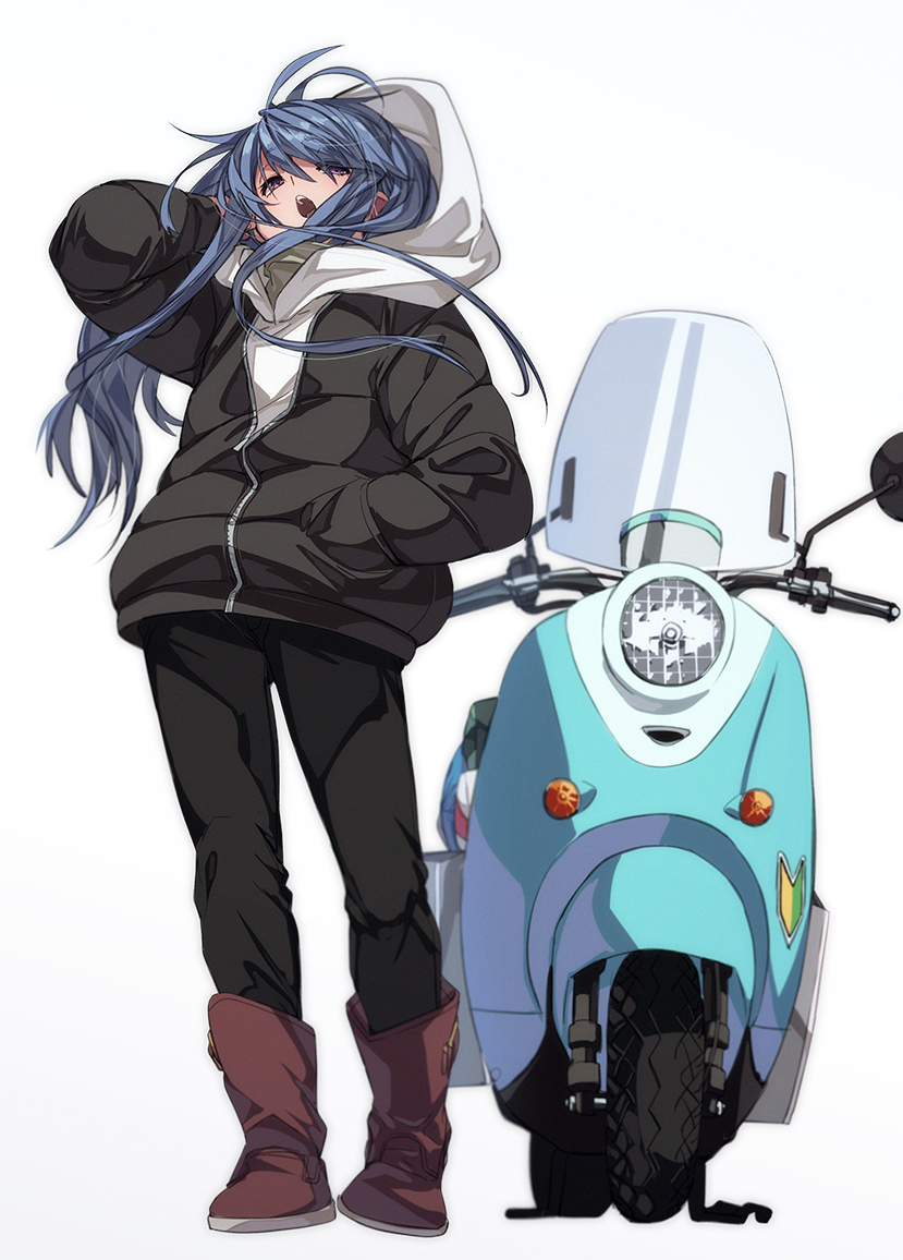 1girl black_jacket black_pants blue_hair boots brown_footwear commentary_request fu-ta full_body gradient_background grey_background hand_in_pocket hood hooded_jacket jacket long_hair looking_at_viewer motor_vehicle motorcycle open_mouth pants shima_rin solo standing violet_eyes yurucamp