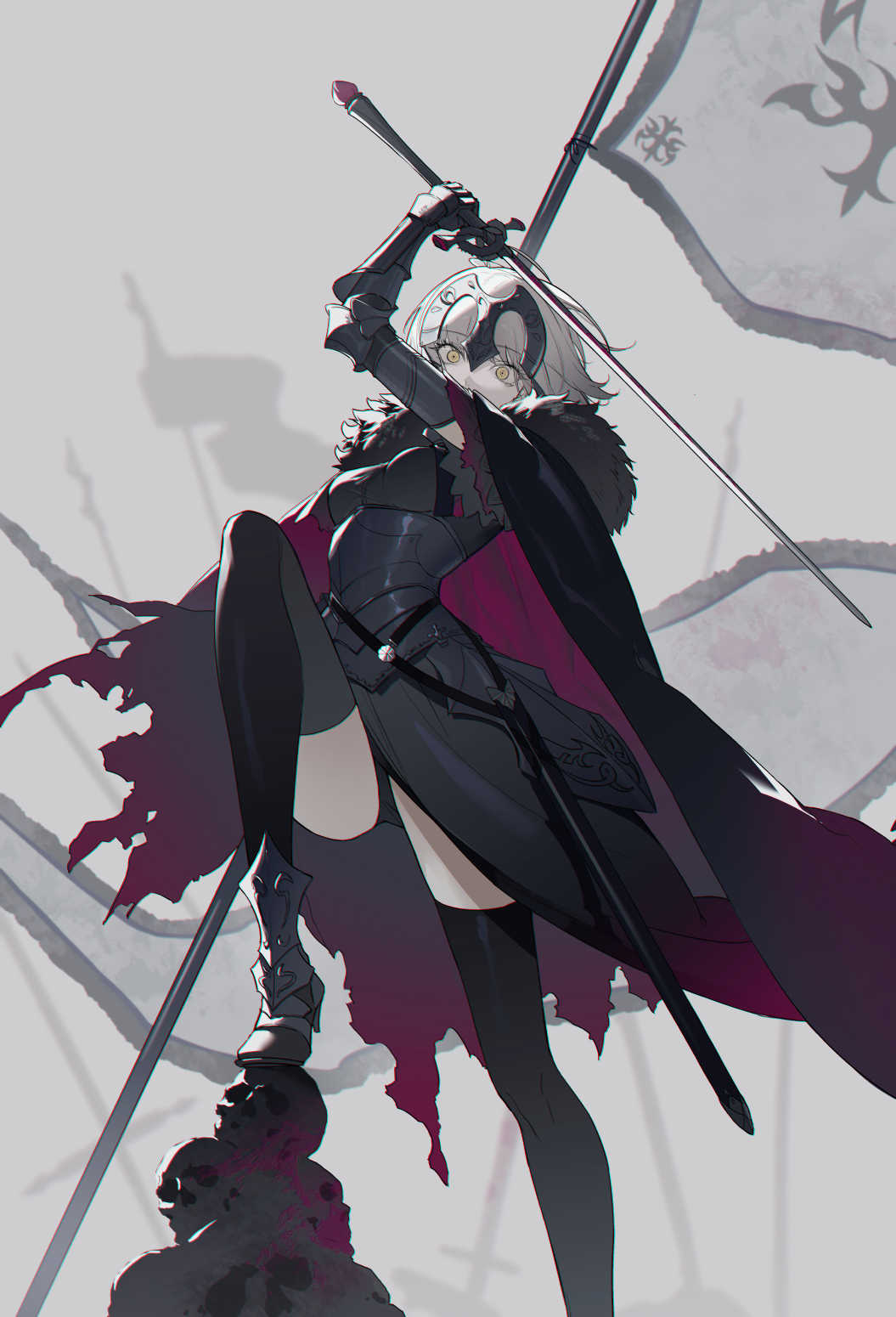 1girl ahoge armor armored_dress banner black_cape black_dress black_thighhighs breasts cape dress fate/grand_order fate_(series) faulds flag fur-trimmed_cape fur_trim gauntlets headpiece highres holding holding_flag jeanne_d'arc_alter_(avenger)_(fate) jeanne_d'arc_alter_(avenger)_(first_ascension)_(fate) jeanne_d'arc_alter_(fate) large_breasts looking_at_viewer nakamura_(wmfp3834) plackart short_hair smile solo standard_bearer sword thigh-highs torn_cape torn_clothes weapon white_flag white_hair yellow_eyes