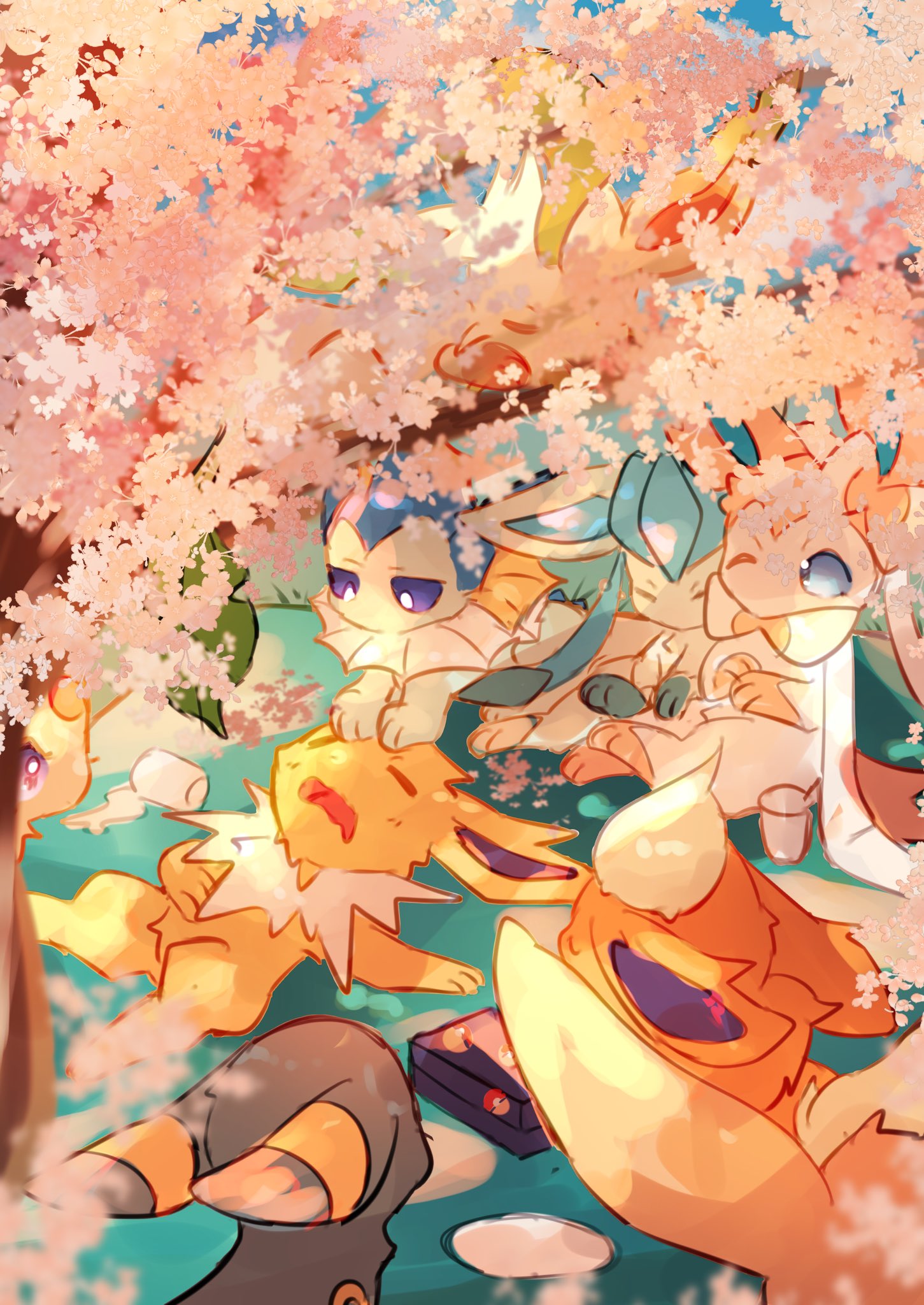 animal_focus black_fur blurry blurry_foreground cherry_blossoms closed_eyes commentary_request espeon evolutionary_line fins flareon glaceon head_fins highres in_tree jolteon leafeon lxipceluceos5r6 no_humans one_eye_closed orange_fur outdoors pokemon pokemon_(creature) prehensile_ribbon sitting sitting_in_tree sleeping sylveon tree umbreon vaporeon violet_eyes white_fur yellow_fur