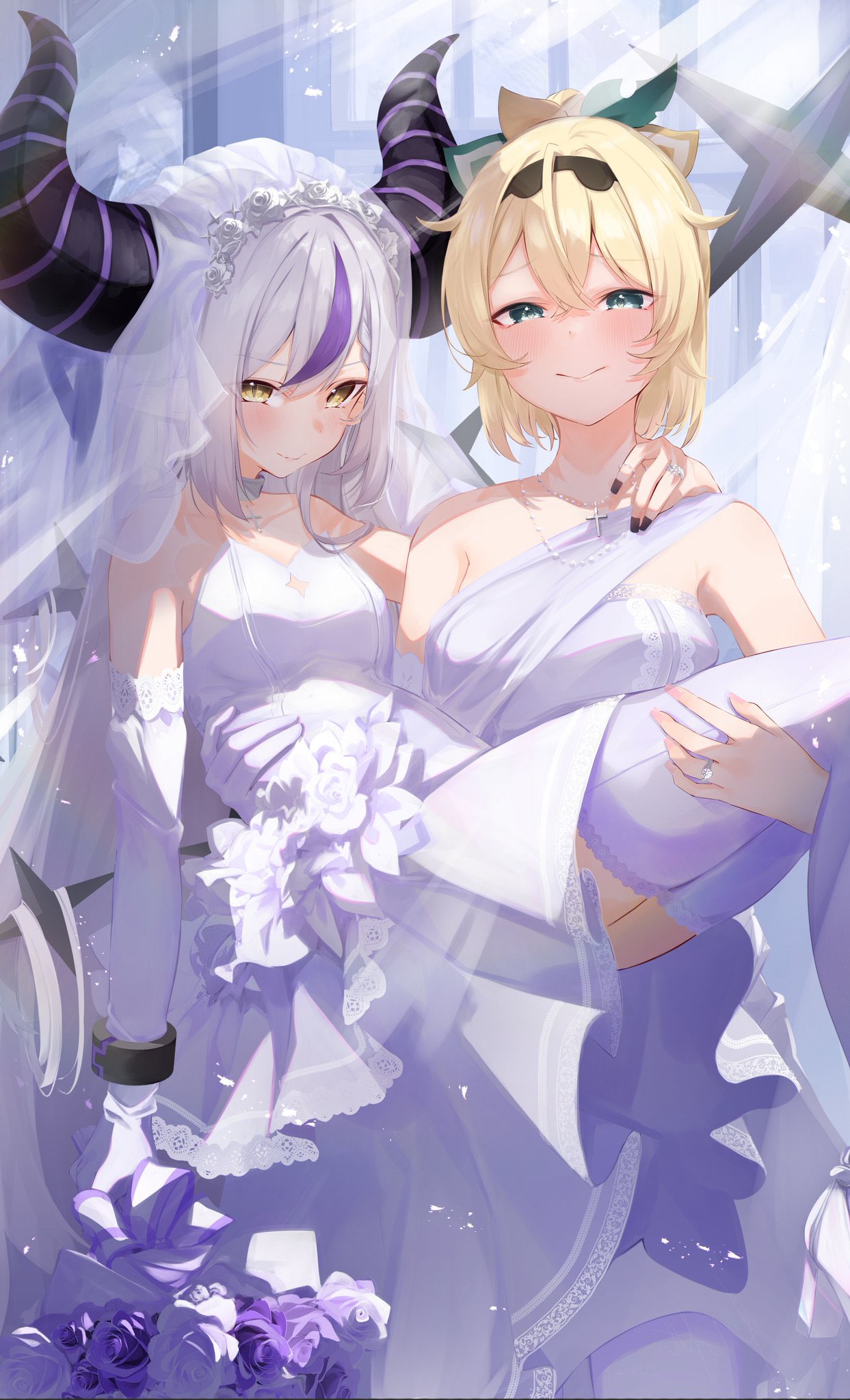 2girls aqua_eyes artist_request black_headband black_nails blonde_hair bouquet breasts bridal_gauntlets bridal_veil carrying choker colored_bangs cross crucifix fake_tail headband highres hololive horns jewelry kazama_iroha la+_darknesss large_breasts long_hair medium_hair multicolored_hair multiple_girls necklace pointy_ears princess_carry purple_hair ring single_bridal_gauntlet small_breasts smile streaked_hair tail two-tone_hair veil wedding wedding_ring white_bridal_gauntlets white_choker white_hair wrist_cuffs yellow_eyes yuri