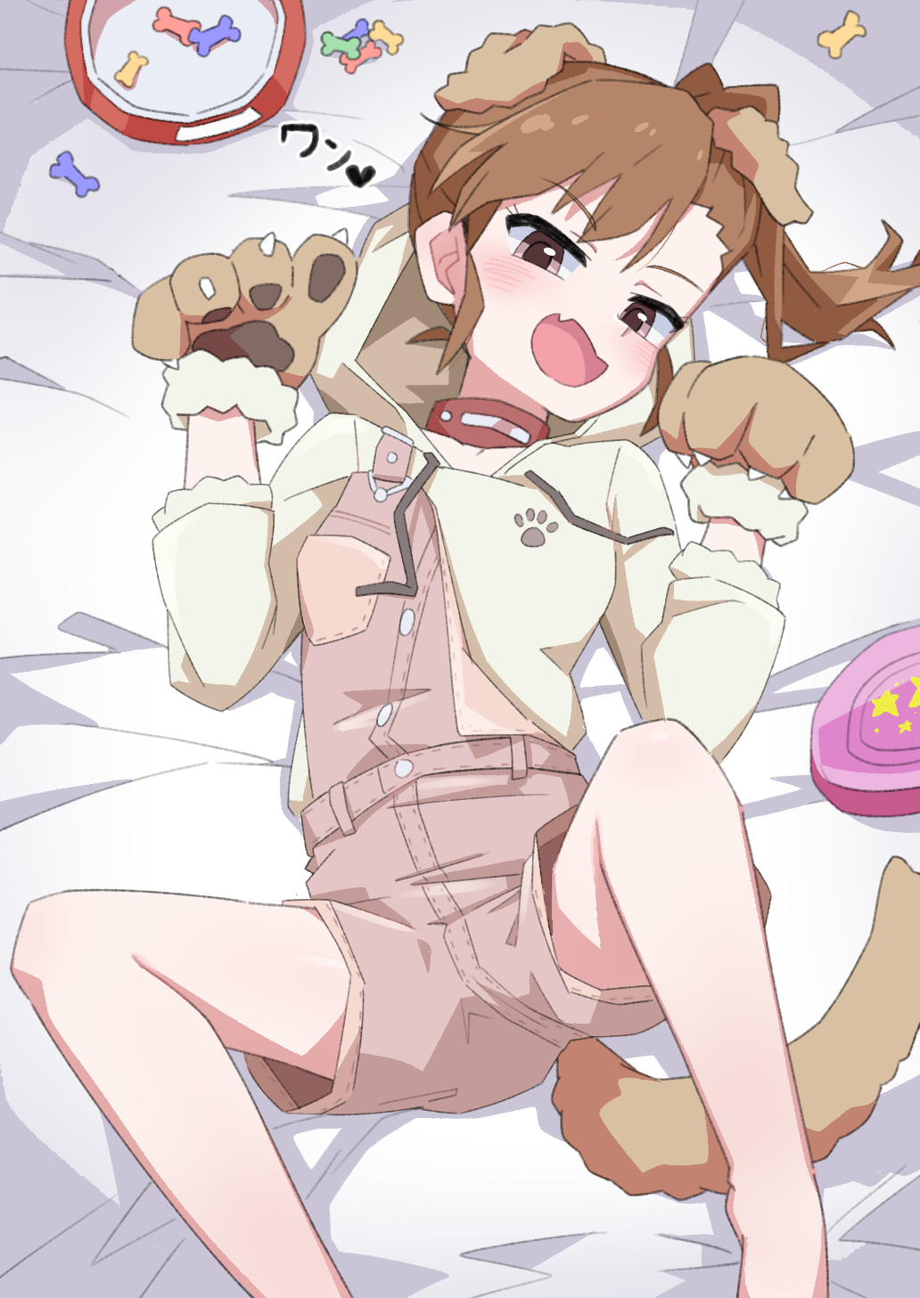 1girl animal_costume animal_ears animal_hands asymmetrical_bangs bed_sheet blush brown_eyes brown_hair choker dog_ears dog_paws dog_tail dot_nose eyelashes fake_animal_ears fake_tail fang foot_out_of_frame forehead futami_mami highres hood hoodie idolmaster idolmaster_(classic) idolmaster_million_live! idolmaster_million_live!_theater_days legs_apart long_sleeves looking_at_viewer lying official_alternate_costume ohgi910 on_back on_bed open_mouth paw_pose pet_food shorts side_ponytail sidelocks solo suspender_shorts suspenders swept_bangs tail